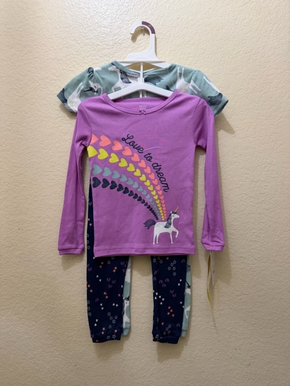 Girls Unicorn Heart Rainbow Pajama Set - Purple Top